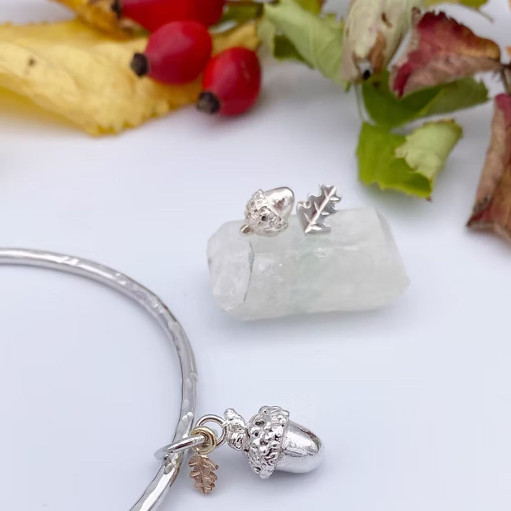 Acorn bangle in recycled silver with gold leaf detail and matching earrings
