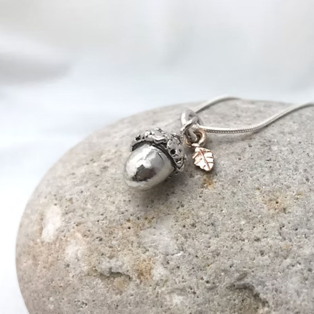 Sterling Silver Acorn charm pendant with optional 9ct Gold Oak Leaf