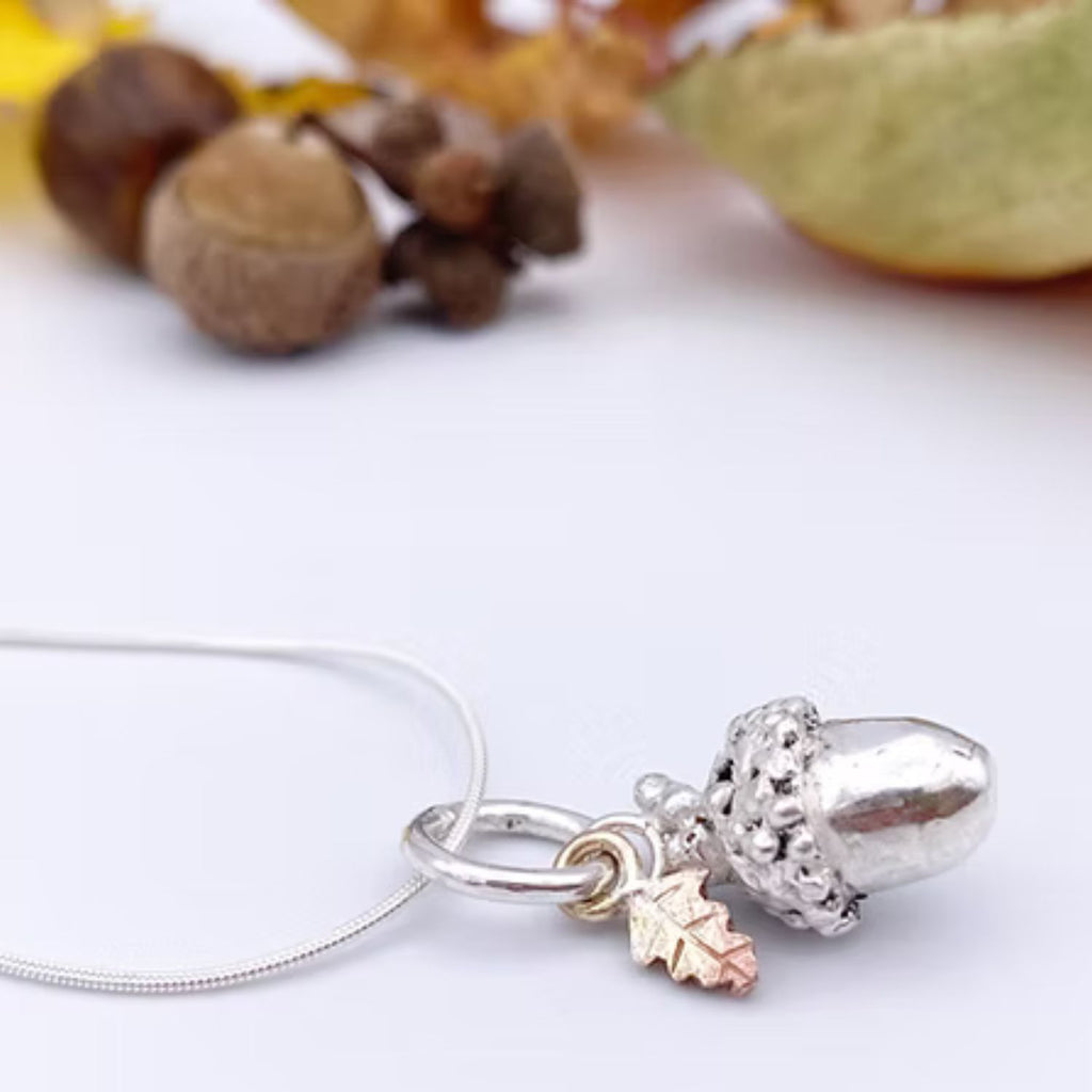 Sterling Silver Acorn charm pendant with optional 9ct Gold Oak Leaf