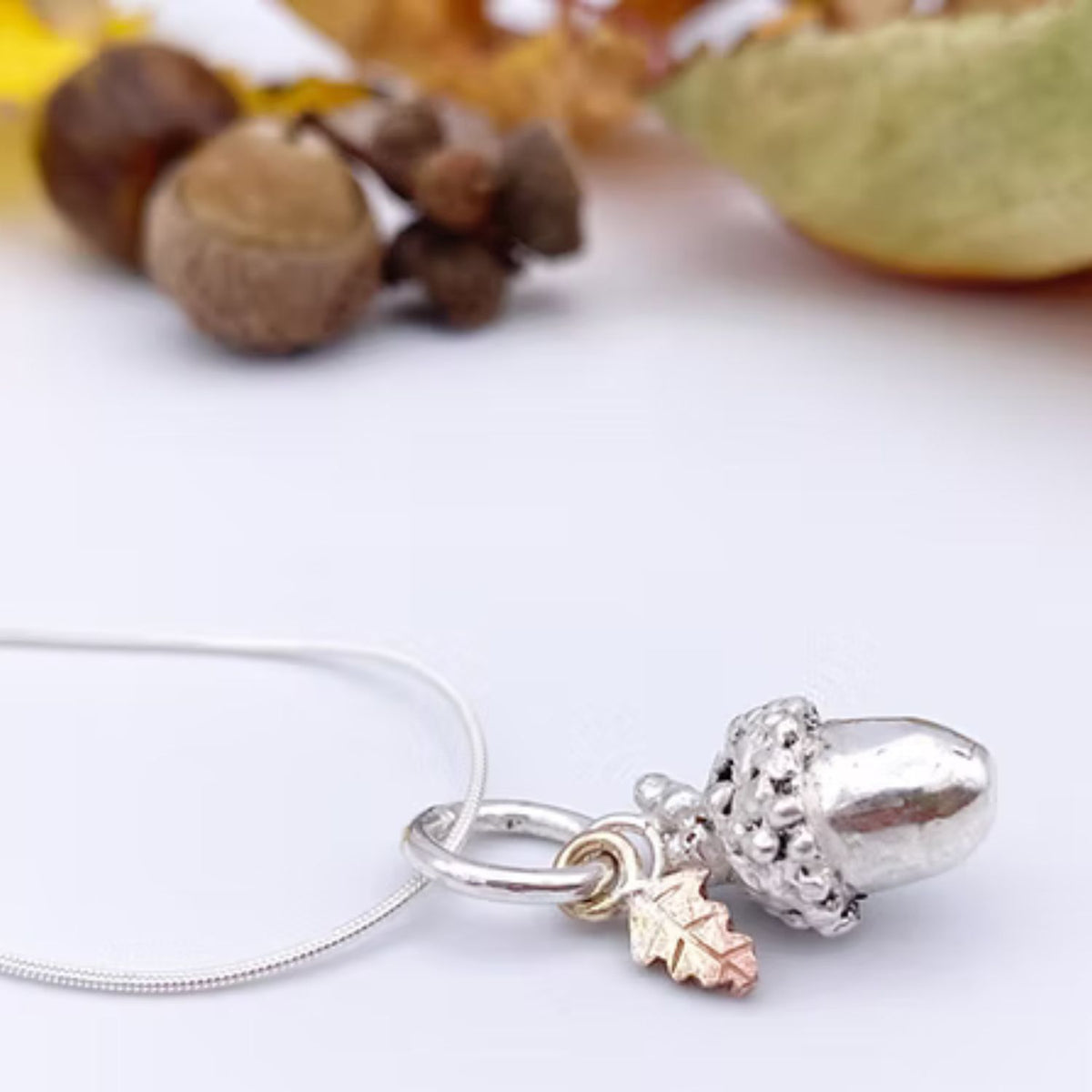 Sterling Silver Acorn charm pendant with optional 9ct Gold Oak Leaf