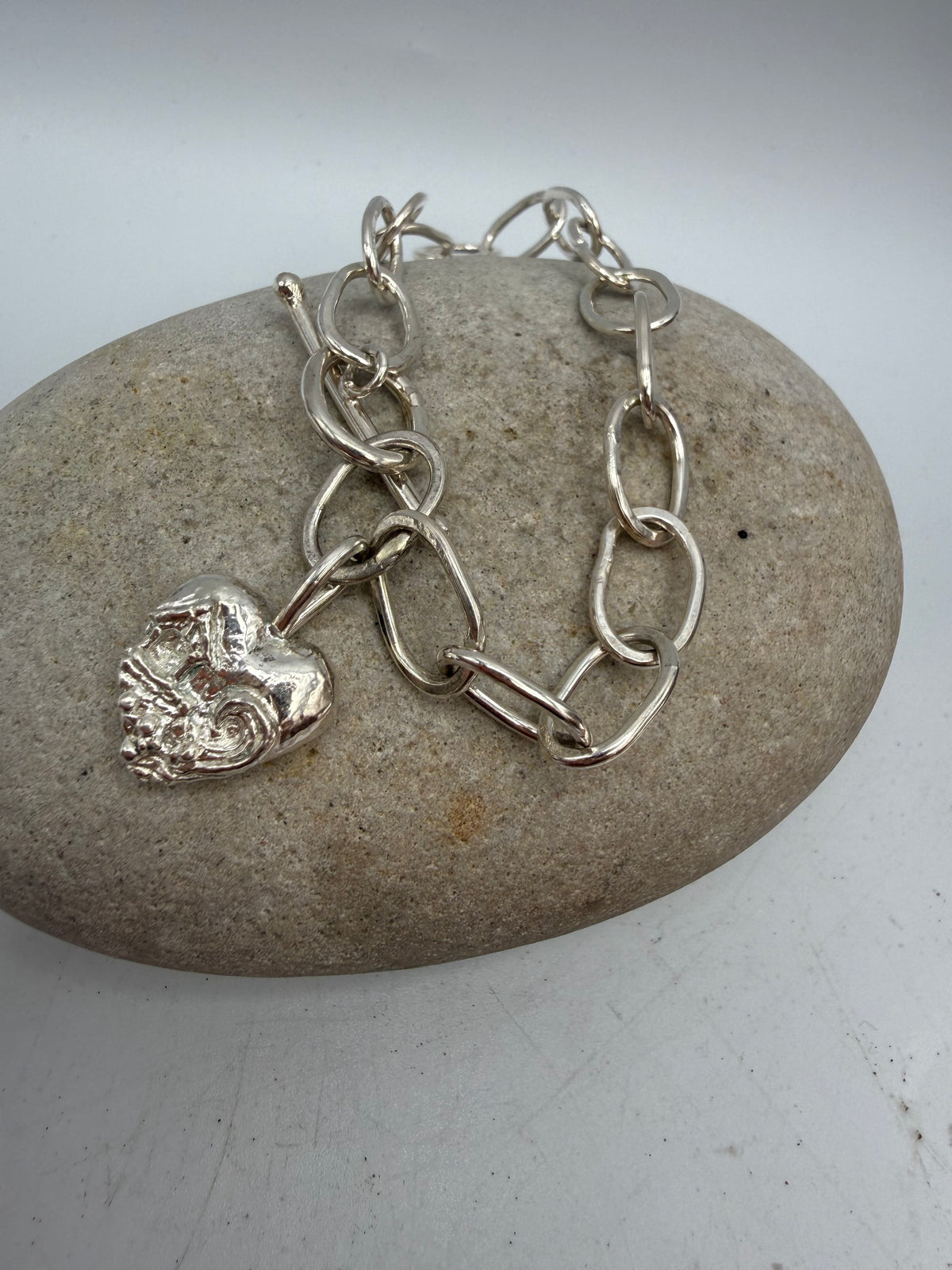 Sterling Silver Langland Bay heart handmade link chain bracelet with toggle clasp