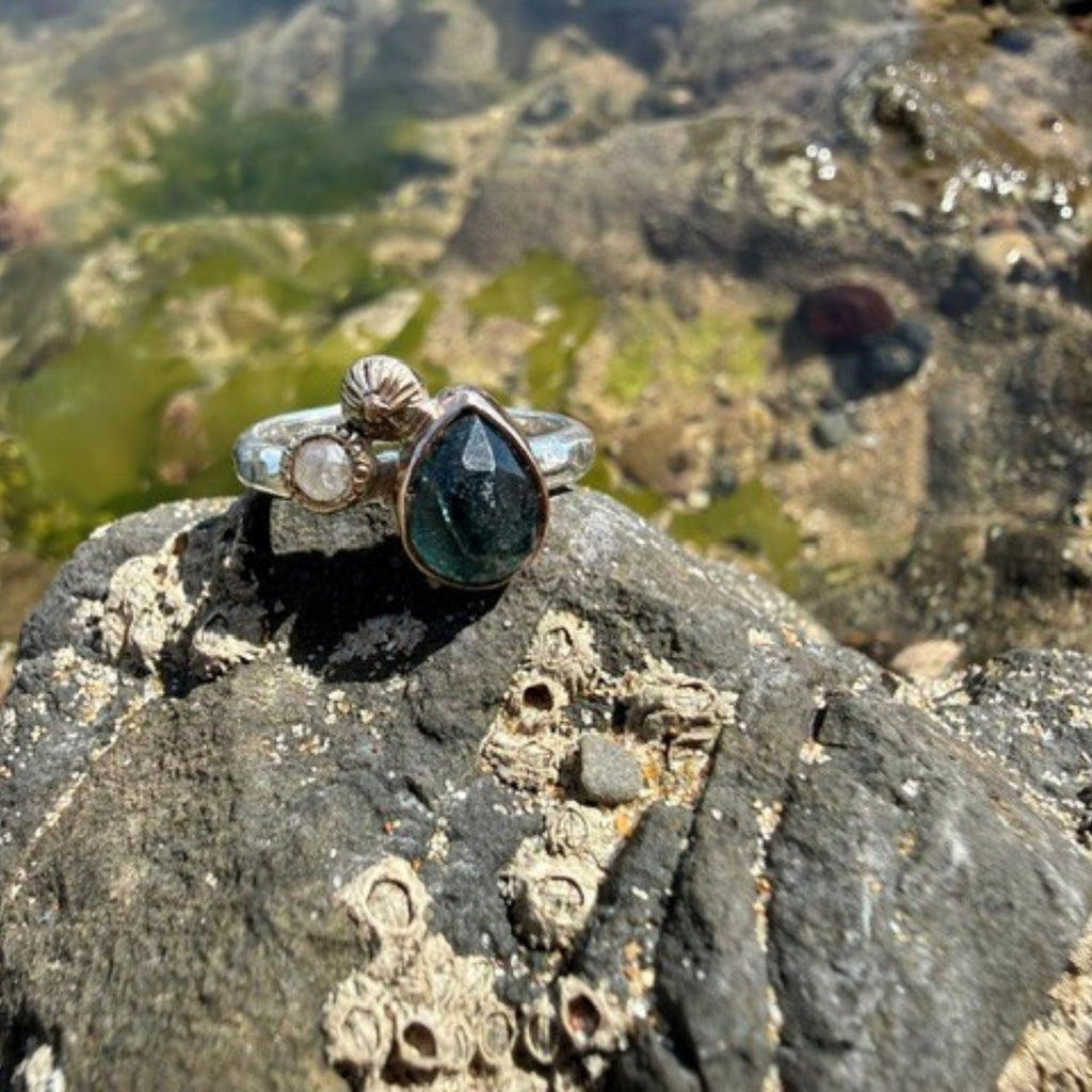 Sterling Silver, 9ct Gold, Sapphire and diamond One of a Kind Rockpool ring. size -