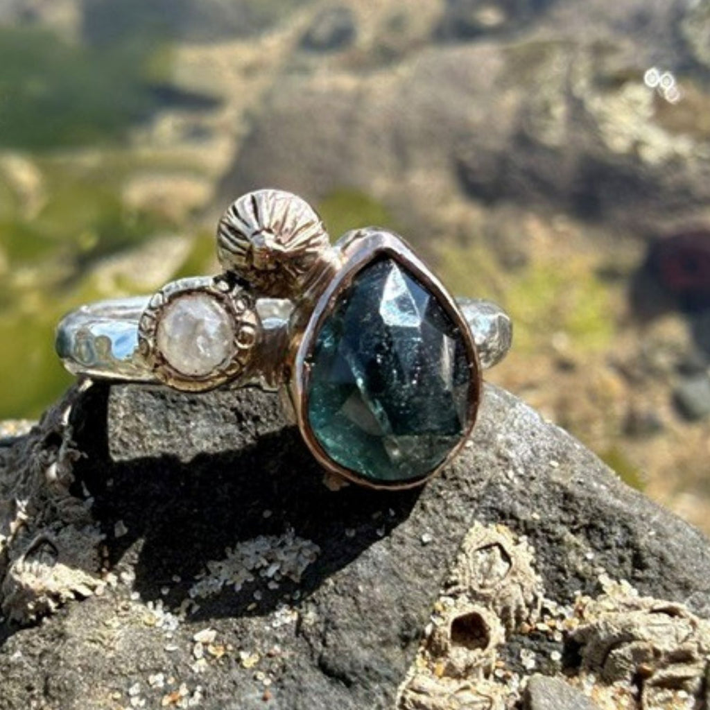 Sterling Silver, 9ct Gold, Sapphire and diamond One of a Kind Rockpool ring. size -
