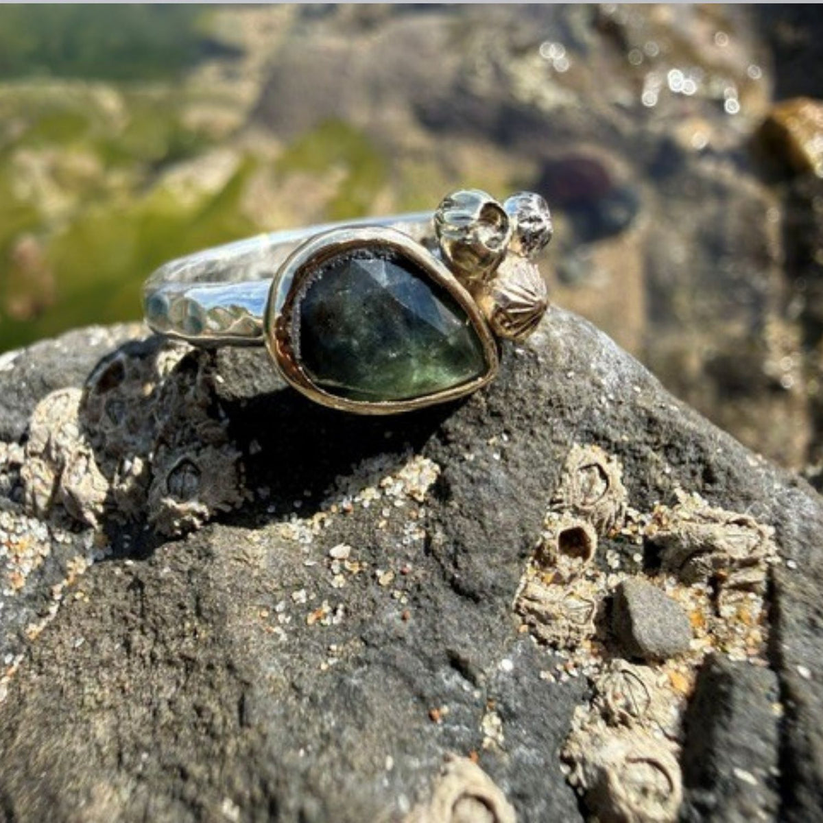 Sterling Silver, 9ct Gold and Green Sapphire One of a Kind Rockpool Ring size -